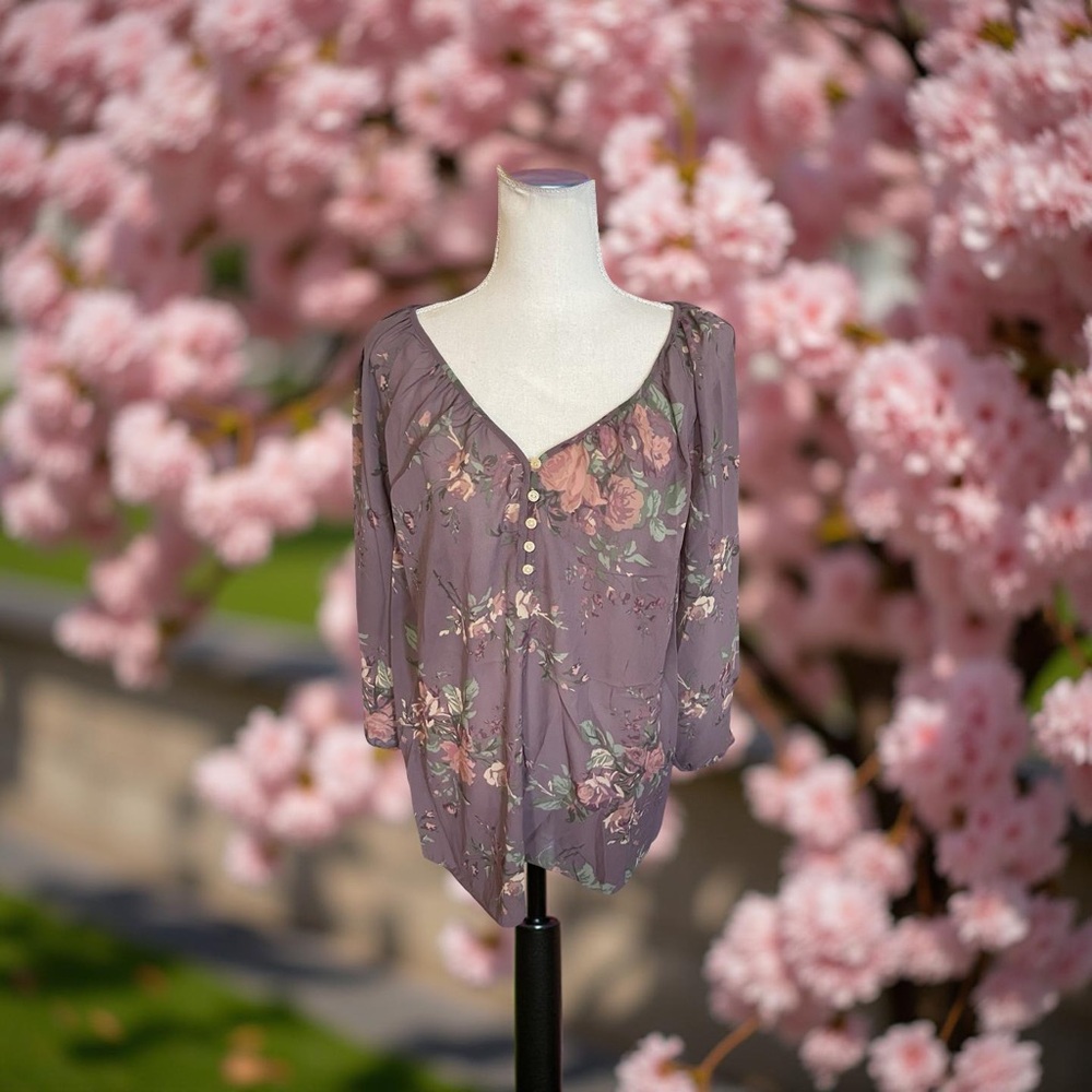 Chaps Ralph Lauren floral Blouse purple green cream sz 1X V Neck quarter sleeve - Picture 3 of 16
